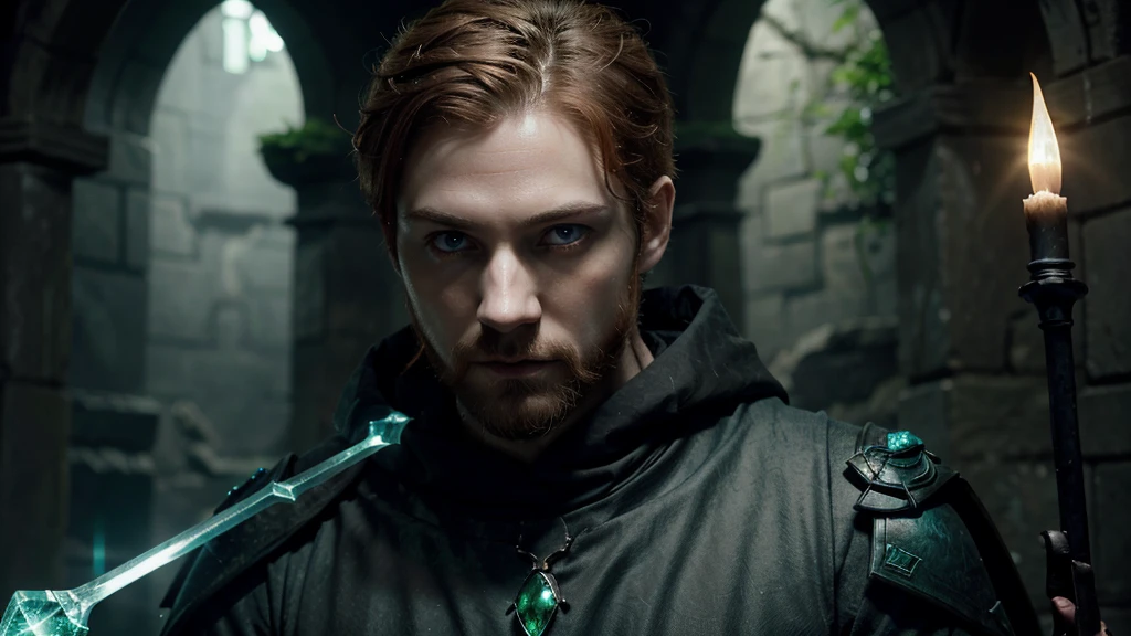 A gaunt, pale necromancer prince with a pale face, his skin is smooth and light brown, with blue eyes and ginger short hair and beard. He holds a staff with a glowing green crystal in a crypt filled with the restless dead, his hollow eyes glowing with a sinister light.