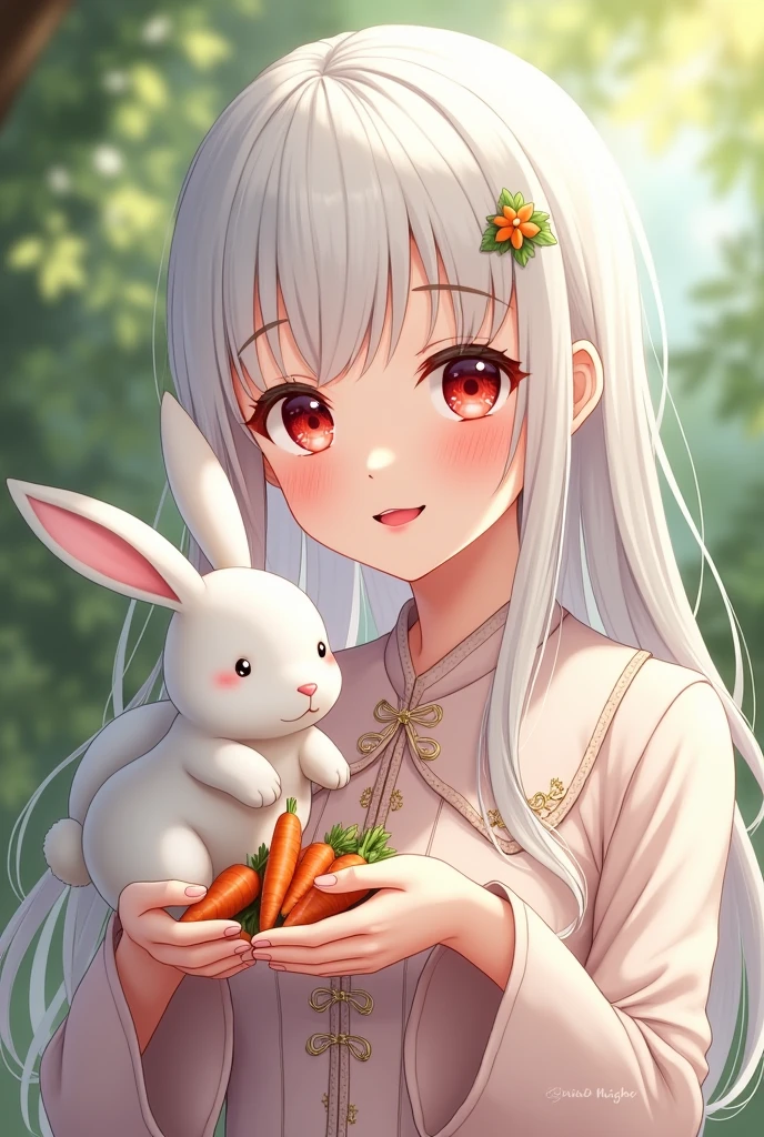 A white-haired woman with ruby red eyes,While feeding the rabbit with carrots, make a happy expression with a wide smile carved on his face. . anime art