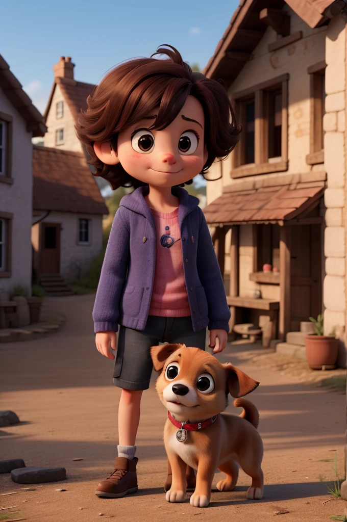 create a picture of a with her a small dog ,small village ran