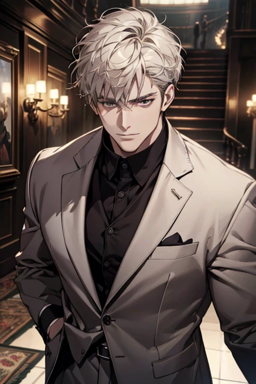 A handsome man in a brown gray suit, a bodyguard in dark clothes, two people walked up the stairs of the villa to the living room, perfect face, perfect hands, (best quality, 4k, 8k, highres, masterpiece:1.2), ultra-detailed, (realistic, photorealistic, photo-realistic:1.37), HDR, UHD, studio lighting, ultra-fine painting, sharp focus, physically-based rendering, extreme detail description, professional, vivid colors, bokeh, (portraiture)