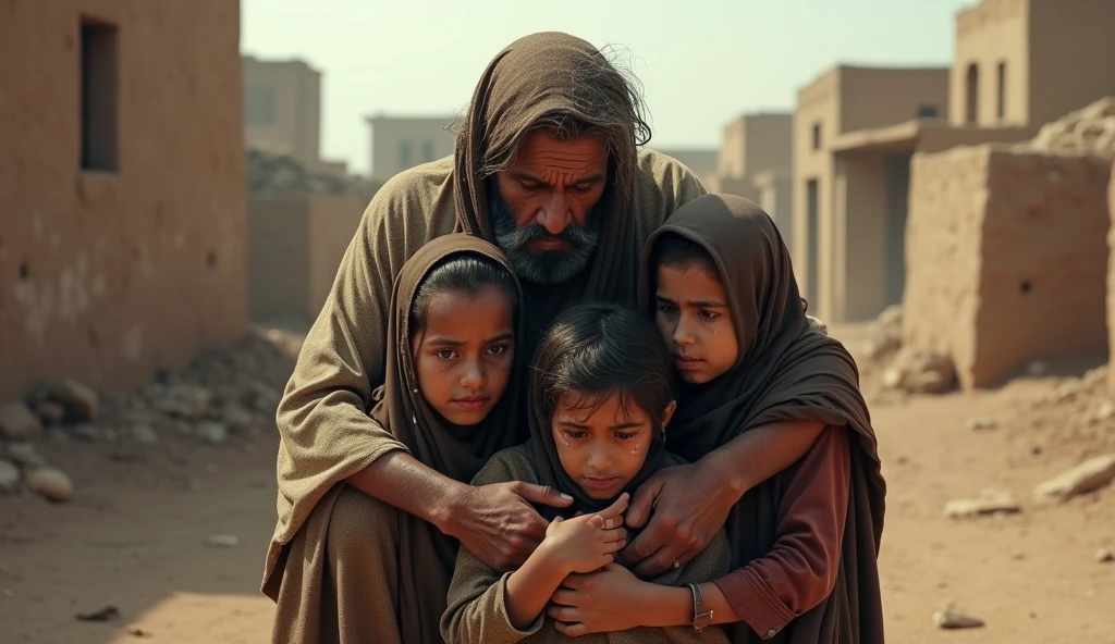 A poor Muslim man in shabby clothes with his wife and children is sad and crying because of hunger.