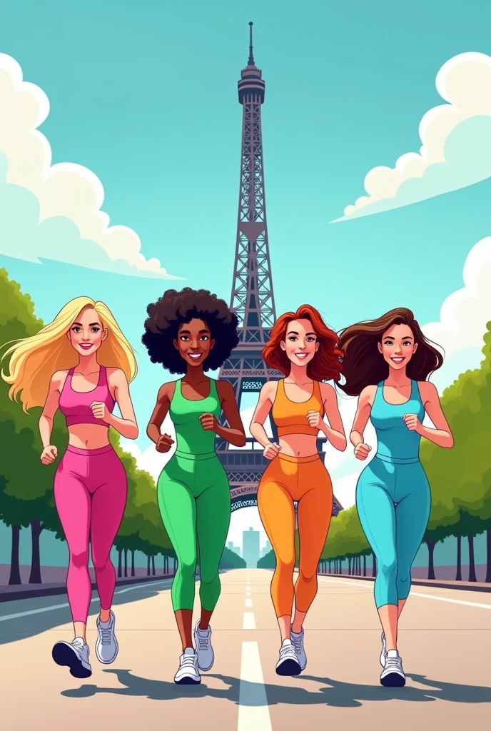 Version cartoons
4 femmes font leur footing avec la tour effeil en arriere plan
La 1ere cheveux mi long blond raide , en tenue de sport rose
La 2eme cheveux court blond foncé bouclé, tenue de sport verte
La 3 eme cheveux long brun bouclé, tenue de sport bleu ciel
La 4eme cheveux mi long chatain ondulé, tenue de sport mauve