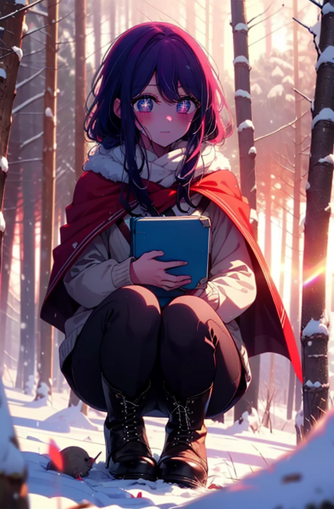 aihoshino, Ai Hoshino, Long Hair, bangs, (Purple eyes:1.1), Purple Hair, (Symbol-shaped pupil:1.5), smile,,smile,blush,white breath,
Open your mouth,snow,Ground bonfire, Outdoor, boots, snowing, From the side, wood, suitcase, Cape, Blurred, , forest, White handbag, nature,  Squat, Mouth closed, Cape, winter, Written boundary depth, Black shoes, red Cape break looking at viewer, Upper Body, whole body, break Outdoor, forest, nature, break (masterpiece:1.2), Highest quality, High resolution, unity 8k wallpaper, (shape:0.8), (Beautiful and beautiful eyes:1.6), Highly detailed face, Perfect lighting, Extremely detailed CG, (Perfect hands, Perfect Anatomy),