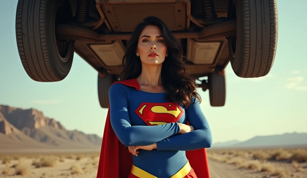 (((very beautiful old Supergirl (((1980s costume))) Julie Hagerty(((dark-haired, large-breasted woman in her 50s)))) Super woman Julie Hagerty; confident, powerful, indestructible, attractive; big and firm chest; strong breasts; arms crossed, levanta facilmente um a car on the road sobre sua cabeça; arms of a strong woman. HD. Photograph, ((realism)), extremely high quality RAW photograph, ultra detailed photograph, sharp focus, high resolution, (detailed skin:1,3),high quality, film grain, Fujifilm XT3,Highly Detailed, movie, (Cinematic Photo:1.3) of (Realistic:1.3)