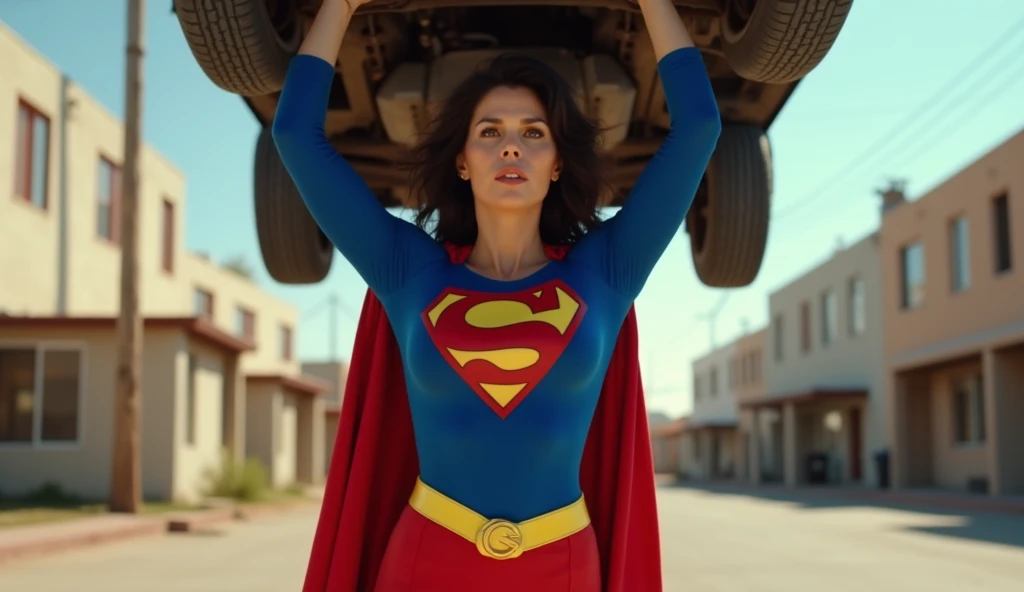 (((very beautiful old Supergirl (((1980s costume))) Julie Hagerty(((dark-haired, large-breasted woman in her 50s)))) Super woman Julie Hagerty; confident, powerful, indestructible, attractive; big and firm chest; strong breasts; arms crossed, levanta facilmente um a car on the road sobre sua cabeça; arms of a strong woman. HD. Photograph, ((realism)), extremely high quality RAW photograph, ultra detailed photograph, sharp focus, high resolution, (detailed skin:1,3),high quality, film grain, Fujifilm XT3,Highly Detailed, movie, (Cinematic Photo:1.3) of (Realistic:1.3)