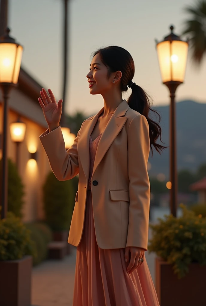 a young woman long black ponytale hair, wear outfit jacket with shawl neck, long skirt dress clothes, wear high shoes, standing while raise right hand up to people as audience on right and left him, natural, sweetly smile, happiness, actress movie hollywood, lighting pole lamps, real hyper realistic, real human japanese, UHD 8k, detailed photo, perfect face, detailed places, landscape, full body, photo was taken from a distance on outdoor the luxurious hotel of the california america city