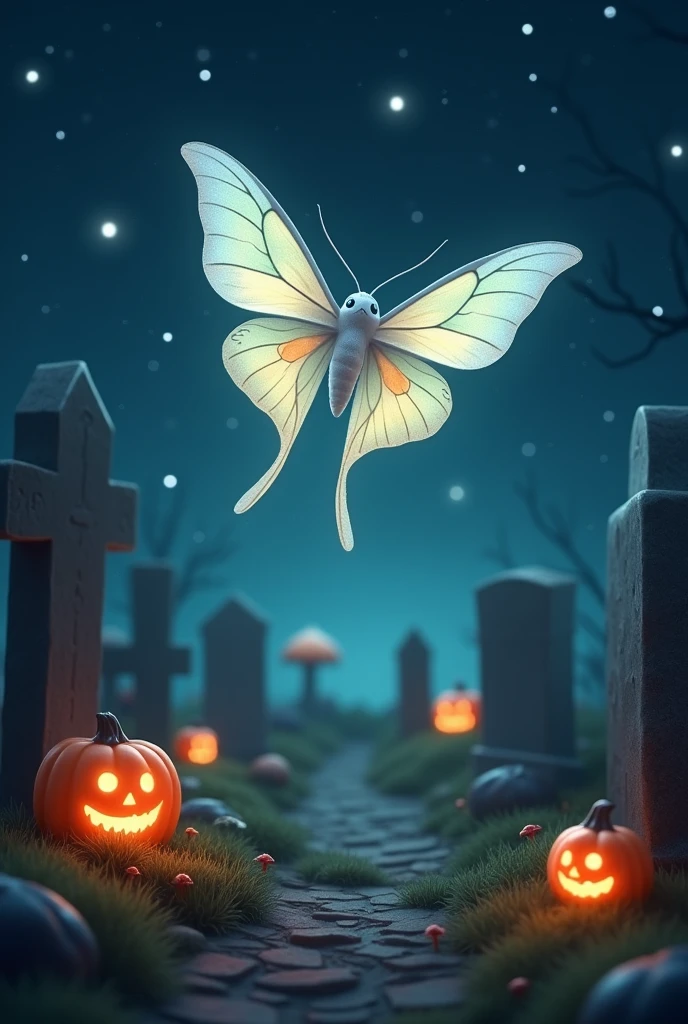 A cute spannisch luna moth flies into the starlit night sky. Below are gravestones, glowing mushrooms and Halloween pumpkins 