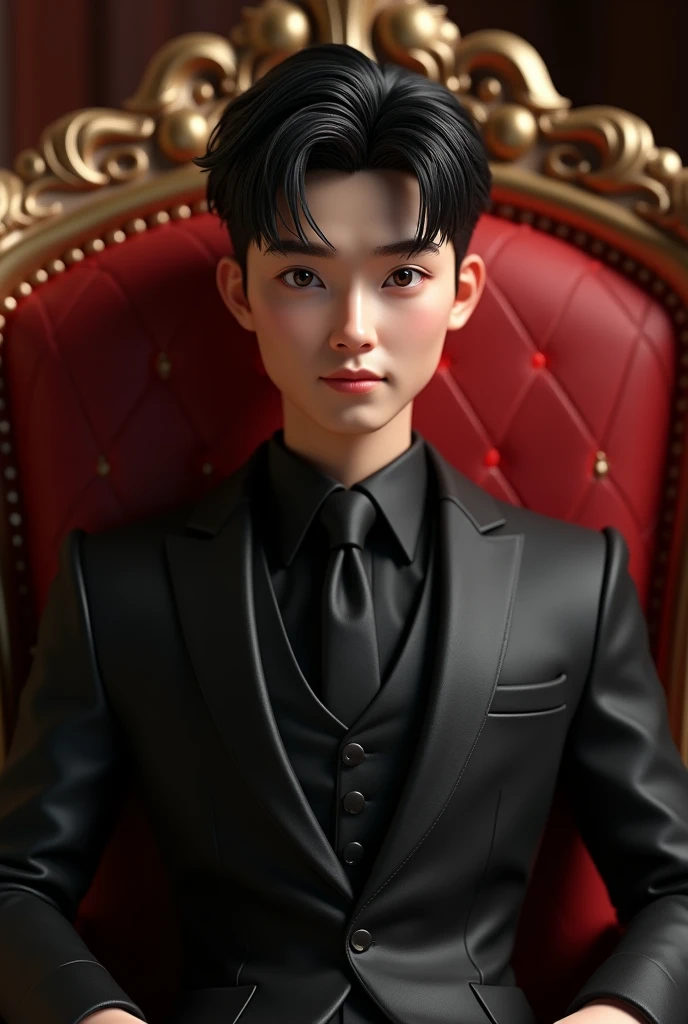 Beautiful korean 23 yearsold sexy man sitting in the red royal chair with black suit animated 3d portrait