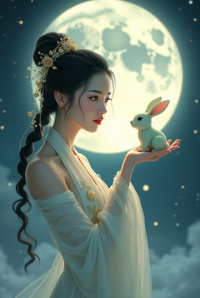 Chang'e held the jade rabbit sideways to face the camera, and the jade rabbit was held in her hand.
