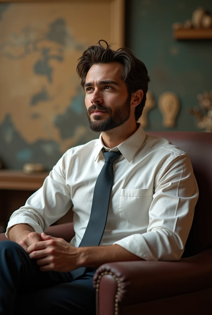 A fit man of 25 years age explaining about history by sitting on a chair with background of blur history background as a professor in forward direction
