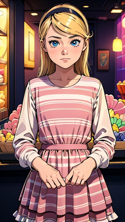 (1girl, penny peterson), (extremely detailed CG unit 8k wallpaper),(master part), (best quality), (ultra detail), (best illustration),(candyland), cowboy shot, (Sharp eyeliner, ombre, detailed eyes:1), at the front of candy display, indoor, full background, break , (Tsukasa-Hojo-Style), upper body, blonde hair, hairband, blue eyes, pink dress, white shirt, long sleeves, layered dress, striped dress,    