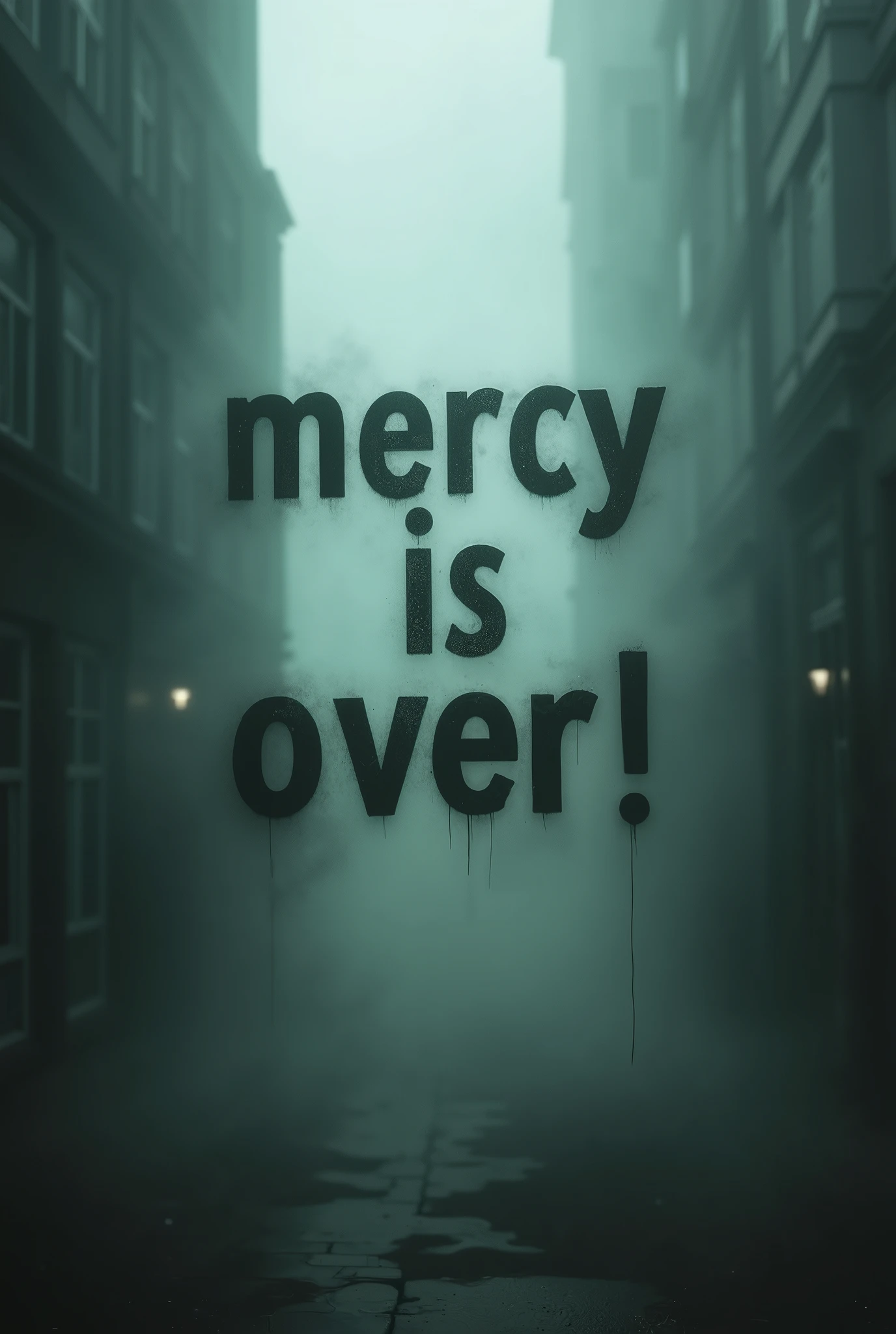 "Feel the pain" this line create stylist create a mobile write well paper . Suspended in the air between scene and the viewer, a translucent, almost ghostly black message reads exactly: "Mercy is over!". The text appears as if it's floating, blurred at the edges, with the letters formed from a faint mist or dark black smoke that lingers in the space. The smoky words are readable, though not overly bright, hovering just in front of his gaze, creating a surreal yet powerful effect. Text exactly says: "Mercy is over!". Text says: "Mercy is over!". semi-transparent text that reads 'Mercy is over!' in a dramatic, bold font. The text almost acts as a title, floating in the air, partially obscuring the scene but enhancing the overall tension and urgency of the moment.