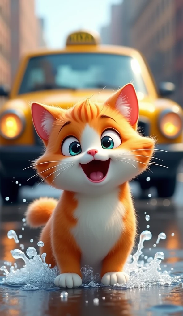 best quality, masterpiece, raw photo, 8k,uhd,cartoon,3d, TSLoP, a cute smile happy brown and white cat in disney style cried because a taxi splashed water on its face from the road. The cat closed both eyes and dodged to the side.