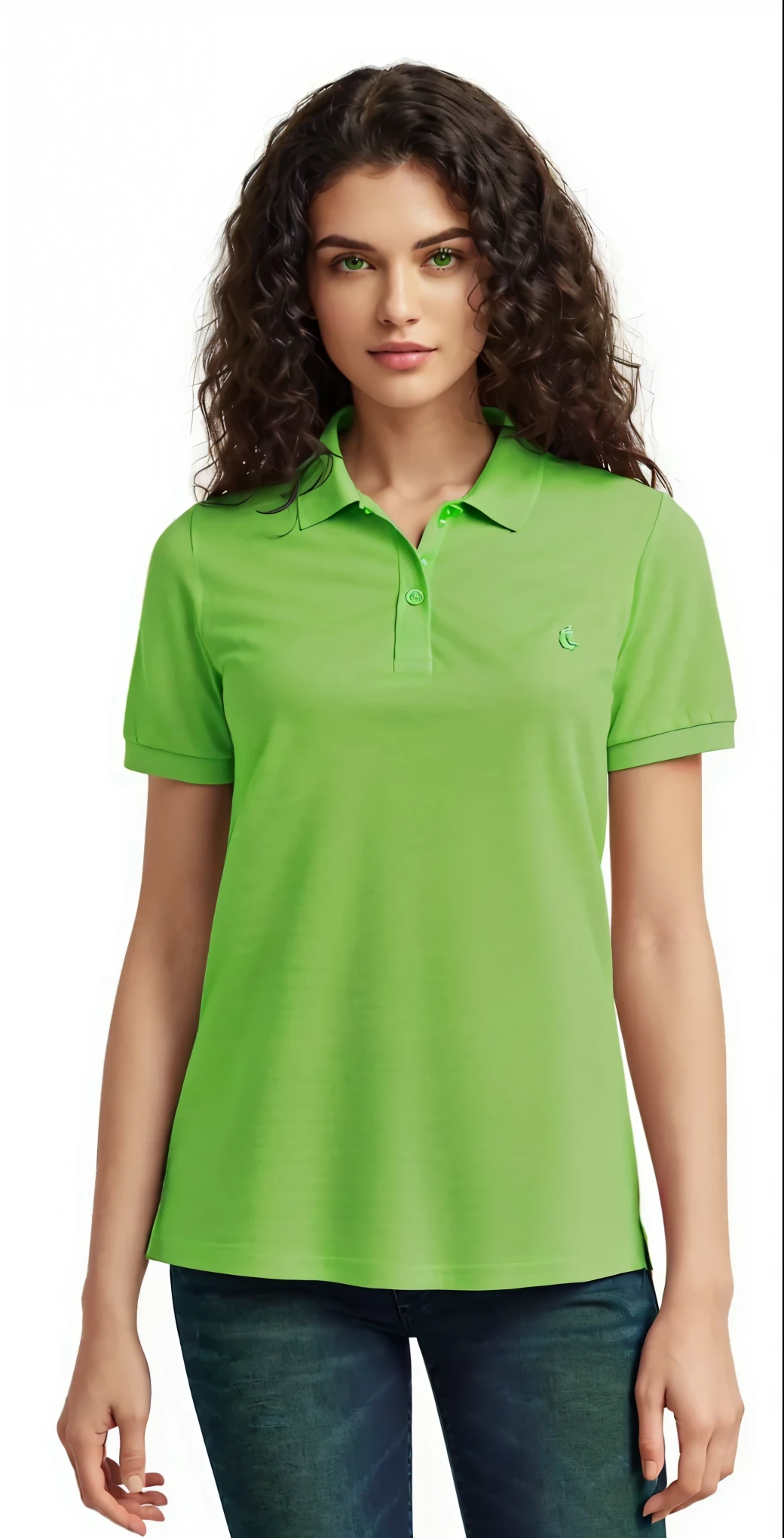 a woman wearing a green polo shirt and jeans, in a dark green polo shirt, wearing polo shirt, green shirt, lime green, collared shirt, casual green clothing, green clothing, in a dark teal polo shirt, wearing green clothing, green clothes, short sleeves, light green, detached sleeves, sage green, lightgreen, olive green, neon green