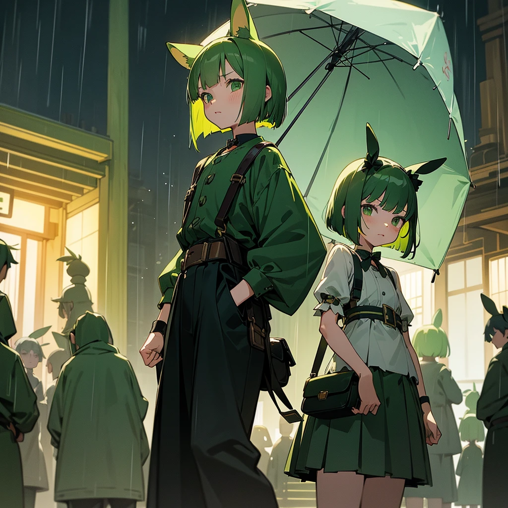 Green rabbit ears, green animal ears, a girl, bob cut, green hair, green eyes, look young, alone, short, tiny,Lolita, childhood, overall, belt, waist bag, waist pouch, kawaii, cute,face, serious look, outside, shrine, at night, with rain