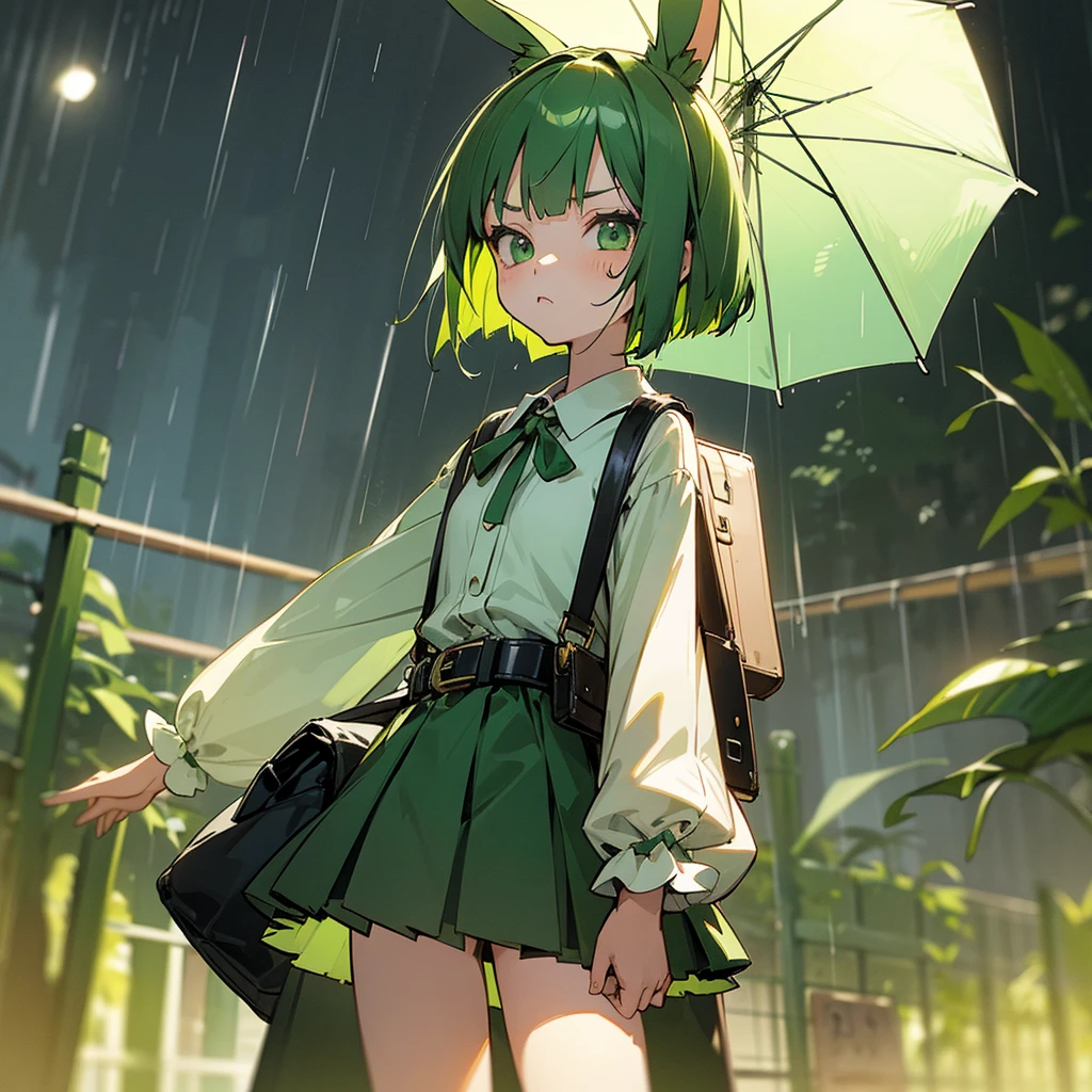 Green rabbit ears, green animal ears, a girl, bob cut, green hair, green eyes, look young, alone, short,  tiny,Lolita, childhood, overall, belt, waist bag, waist pouch, kawaii, cute,face, serious look, outside, shrine, at night, with rain