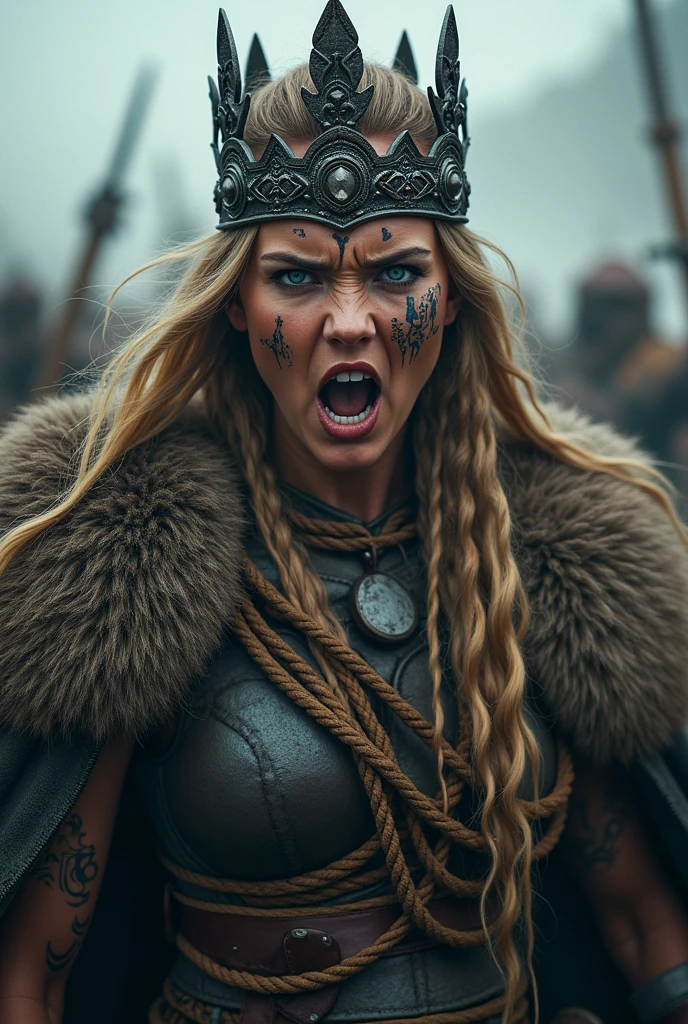 Viking warrior close-up, small in hand, Woman, blue eye, large crown on head , stick ropes around your neck, tribal tattoo on face, shouting out loud