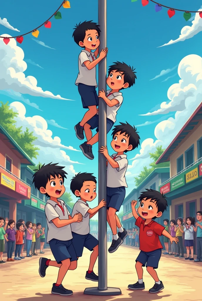Make an anime themed picture: We, Indonesian elementary school children, bringers of peace and joy, Themed 79th IR Anniversary, only 5 people playing climbing the pole, men and women.