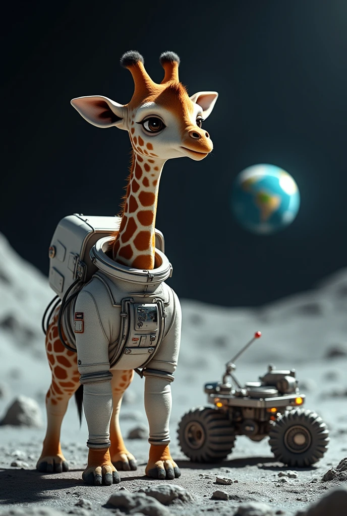 giraff with space suit next to space rover on moon