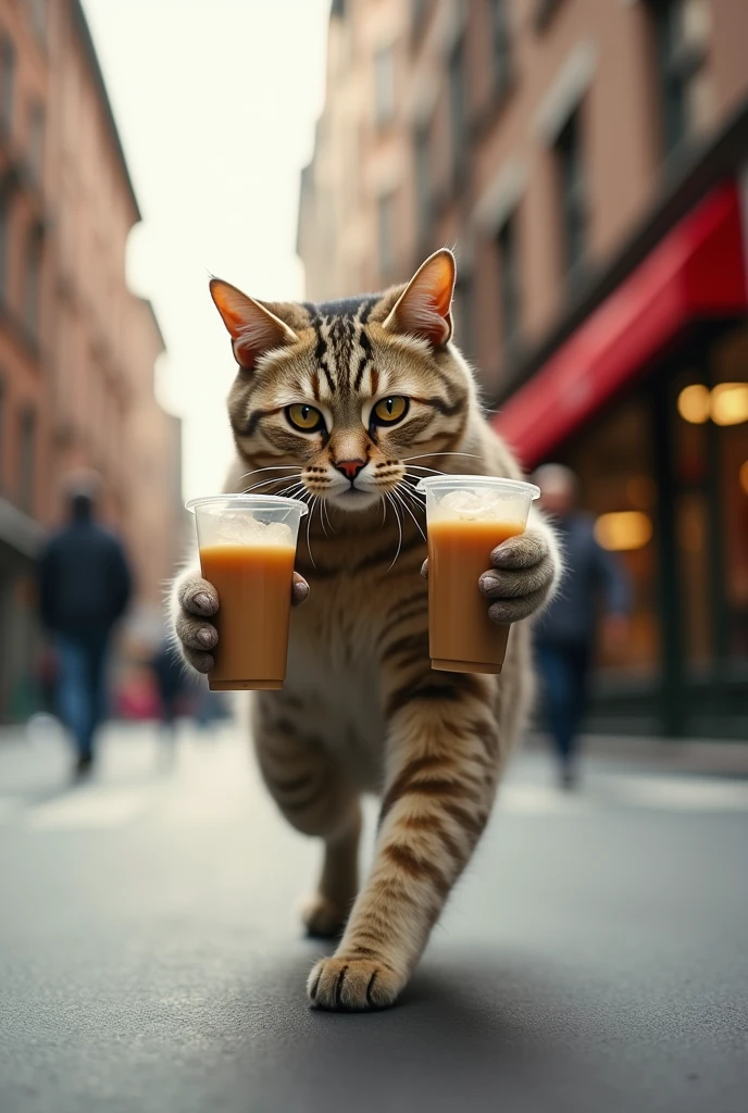 Type: Ultrarealistic
Subject: A determined cat running through a bustling city street, holding two large iced coffee cups in its paws. The cat's expression is focused and intense, adding a touch of humor to the scene. The cat is mid-stride, with its body low to the ground, clearly on a mission.
Environment: A vibrant city street with blurred figures and storefronts in the background, emphasizing the cat's speed and urgency.
Art Style: Photorealistic with detailed textures on the cat’s fur, the iced coffee cups, and the urban environment.
Lighting: Bright, natural daylight, highlighting the action and enhancing the colors in the scene.
Camera: Low-angle action shot, focusing on the cat running towards the viewer, with motion blur in the background to emphasize speed.
Resolution: 4K, high-definition, capturing the fine details and dynamic movement.
{Ultrarealistic cat running with iced coffee, vibrant city street, photorealistic, high-definition, action shot}