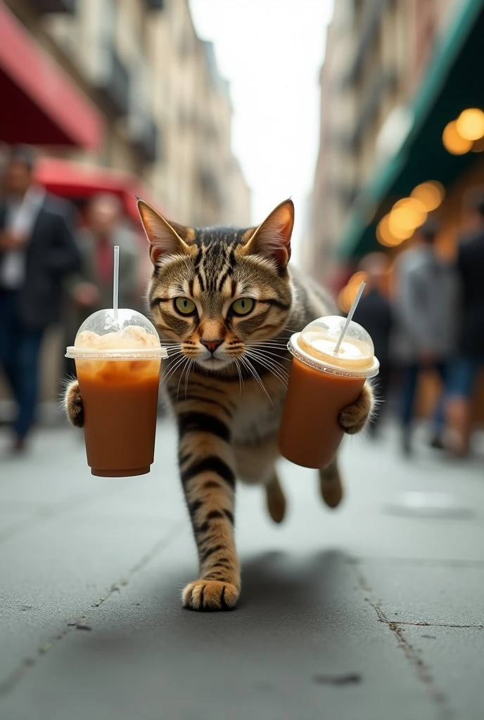 Type: Ultrarealistic
Subject: A determined cat running through a bustling city street, holding two large iced coffee cups in its paws. The cat's expression is focused and intense, adding a touch of humor to the scene. The cat is mid-stride, with its body low to the ground, clearly on a mission.
Environment: A vibrant city street with blurred figures and storefronts in the background, emphasizing the cat's speed and urgency.
Art Style: Photorealistic with detailed textures on the cat’s fur, the iced coffee cups, and the urban environment.
Lighting: Bright, natural daylight, highlighting the action and enhancing the colors in the scene.
Camera: Low-angle action shot, focusing on the cat running towards the viewer, with motion blur in the background to emphasize speed.
Resolution: 4K, high-definition, capturing the fine details and dynamic movement.
{Ultrarealistic cat running with iced coffee, vibrant city street, photorealistic, high-definition, action shot}