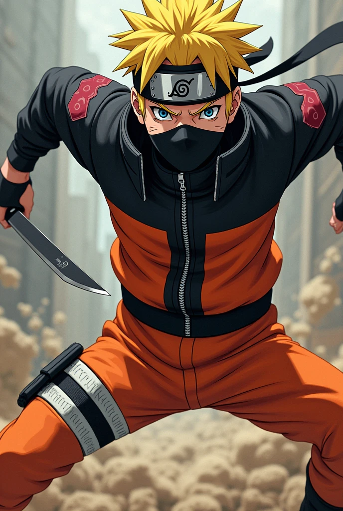 An ninja with orange and black cloths a headband and a kunai in his mouth anime
form Naruto
