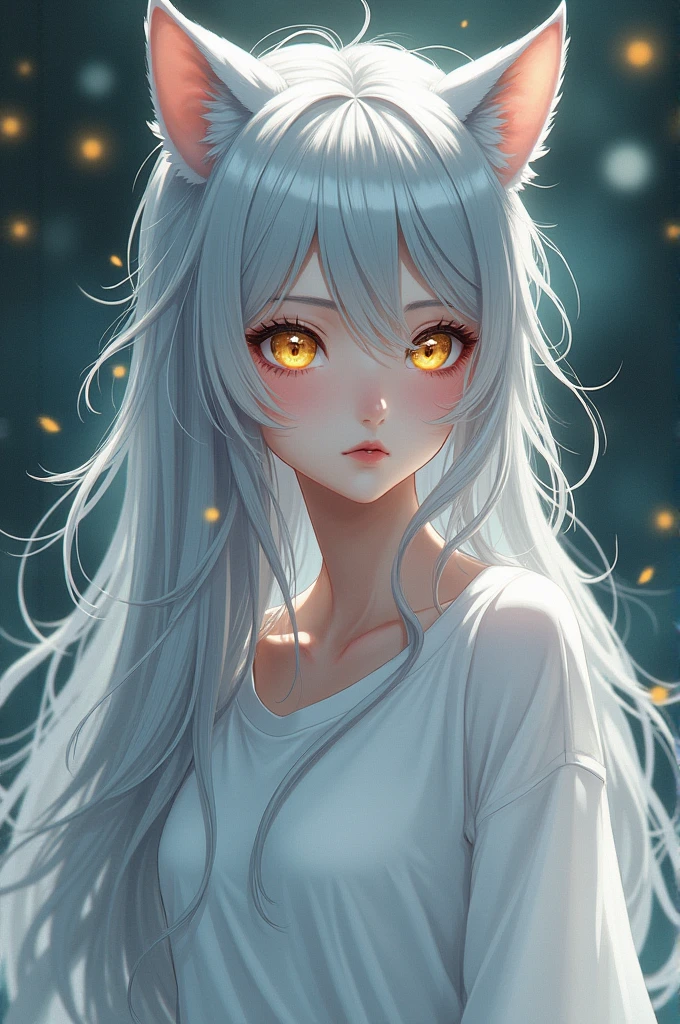 Demi-Human, wolf, female, Long silver hair is a little messy, Gold eyes, anime, white skin, white t-shirt, innocent, Clothes are loose