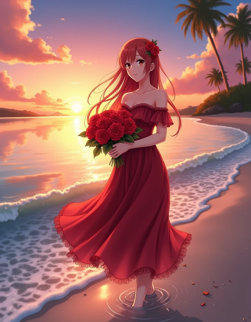 Create a anime style landscape image. Digital illustration featuring a young woman with long, flowing red hair adorned with a red flower. She is wearing an elegant, off-shoulder, layered red dress that cascades down to her feet. The woman is standing in shallow water at the beach during sunset, holding a bouquet of red roses. The sky is painted with warm hues of orange, pink, and purple, reflecting beautifully on the calm ocean waves. In the background, there are silhouettes of palm trees and distant landforms. The overall scene exudes a serene and romantic atmosphere.