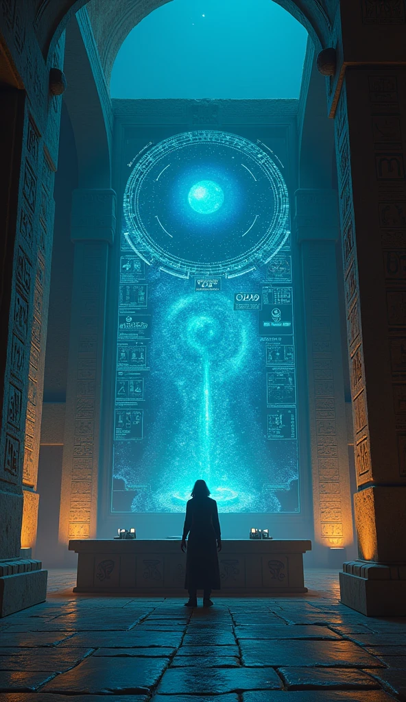 A futuristic alien machine emitting a low hum, covered in strange runes and glowing lights, surrounded by ancient Egyptian hieroglyphs on the walls.

The mysterious blue glow of alien technology, casting eerie light onto the faces of archaeologists who are both fearful and curious about their discovery.

A large, enigmatic alien map displayed on a machine, showcasing an uncharted star system, with a glowing, pulsating core at its center.

An ancient stone table inside the pyramid's secret chamber, surrounded by alien machinery, with a holographic display of Earth and a distant galaxy.

The exterior of the Great Pyramid of Giza at night, with a faint blue light seeping out from a hidden entrance, and a silhouette of a mysterious figure standing at the base.