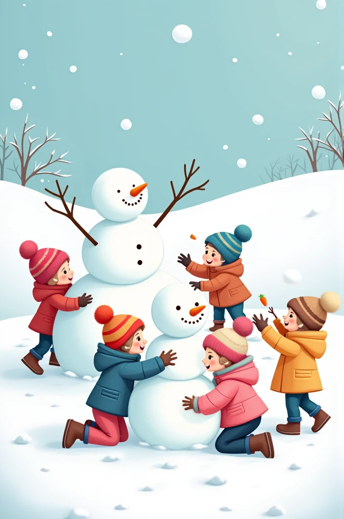 Happy kids playing in snow, making snow mans, 2D cartoon picture