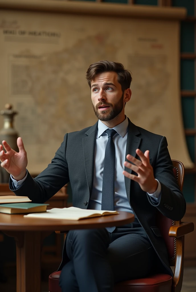 A fit man of 25 years age explaining about history by sitting on a chair with background of blur history background as a professor in forward direction in explaining posture