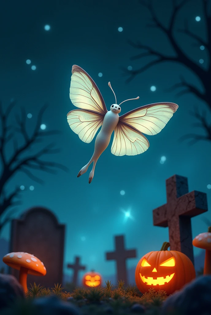 A cute spannisch luna moth with white boddy flies into the starlit night sky. Below are gravestones, glowing mushrooms and Halloween pumpkins