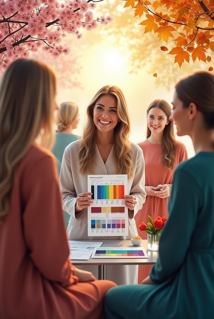 Create an image that represents the 'Season and Color Chart Analysis' module of a personal color consulting course. The scene must display the 12 distinct color charts, each associated with one of the four seasons of the year — spring, summer, autumn and winter. Each palette should be visually represented with a collection of colors that embody the essence of the corresponding season., displayed on elegant cards or digital screens.
Em primeiro plano, a professional personal color consultant is demonstrating the application of these charts on different clients, highlighting how the colors of each season enhance the natural features of clients. The consultant should be portrayed as confident and experienced., using tools such as color drapes and mirrors to illustrate ideal combinations.
The background should transition subtly through the four seasons, with representative visual elements such as flowers blooming in spring, sol brilhante no summer, falling leaves in autumn and cold, snowy tones in winter. Furthermore, include details such as fabrics, fashion accessories and design items that symbolize the practical application of color theory in personal image.
The overall atmosphere of the image should be educational and transformative., reflecting the learning journey and expertise needed to understand how each season influences color choices and enhances clients' image. Use a harmonious color palette and visual elements that convey professionalism, creativity and depth of knowledge in personal coloring."