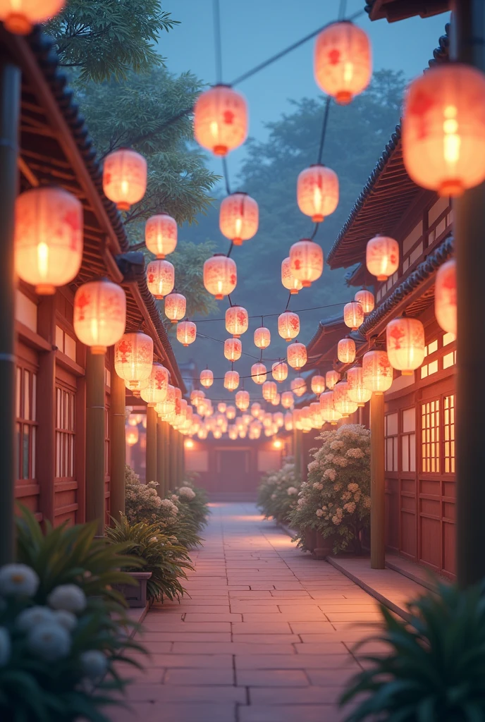 The s t r i n g s of papers lanterns  f e s t o o n e d between bamboo poles the decorations of the shrini