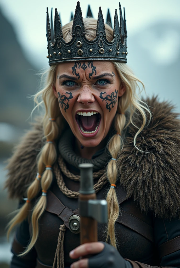 Nordic warrior close-up, beautiful knife in hand, Woman, blue eye, knife next to the face, large crown on head , stick ropes around your neck, tribal tattoo on face, shouting out loud