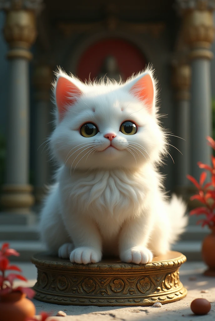 A cute and charming statue of Ashura the kitten、An atmospheric temple、Cinematic lighting、Cute white kitten、Big head