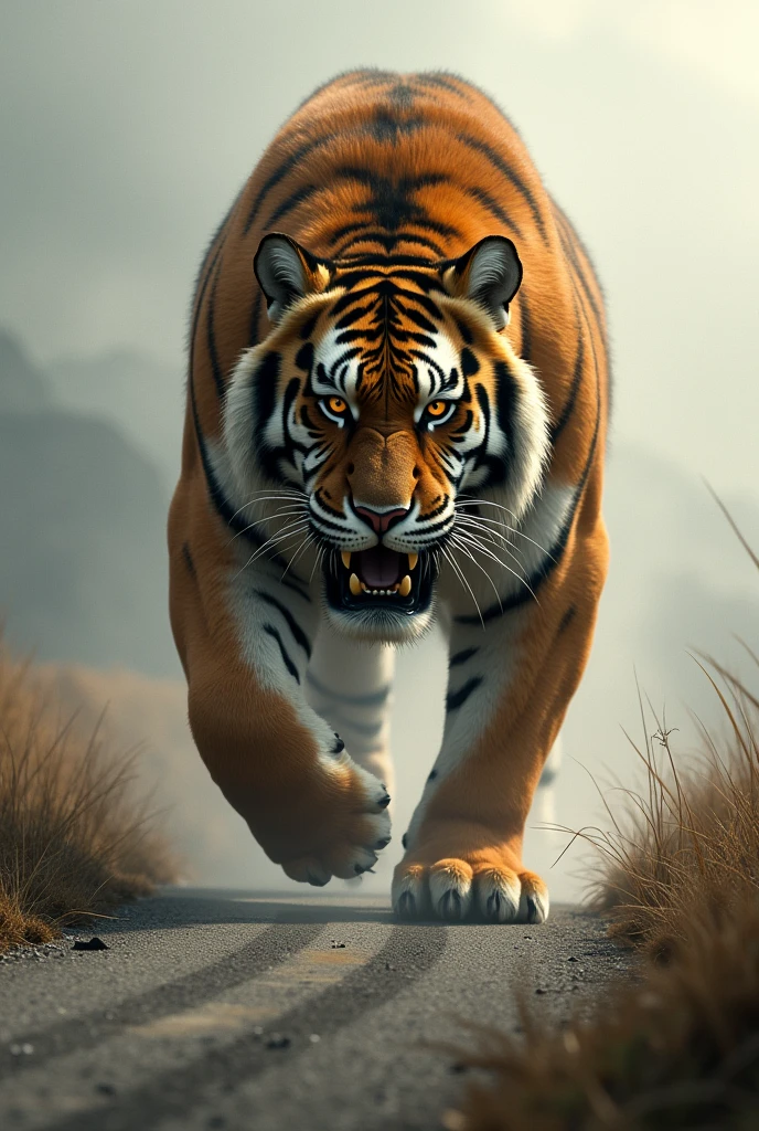 biggest cat with danger tigher in road