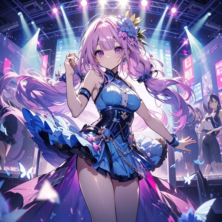 1 person、Mature、Ample breasts、Long Hair、Long eyelashes、Pink Eyes、Purple Hair、Curly Hair、Twin tails、blue flower hair ornament、Blue Costume、ballerina、ballerinaの衣装、Miniskirt、Tutu、dance、High resolution、Highest quality