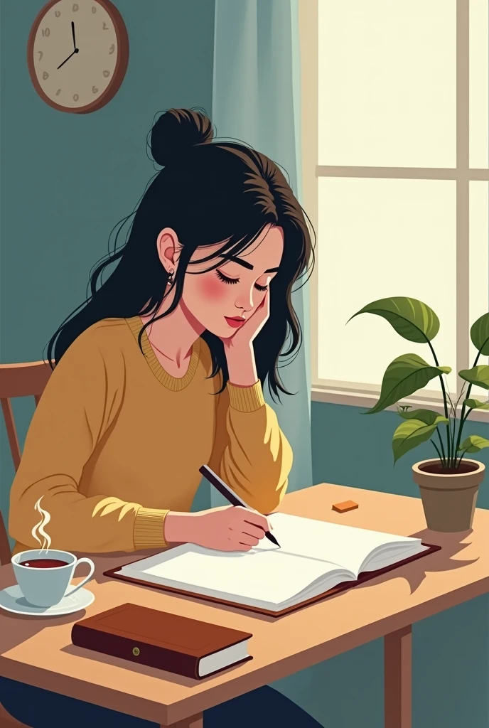 Girl writing a book on table, graphic ary, , long horizontal view