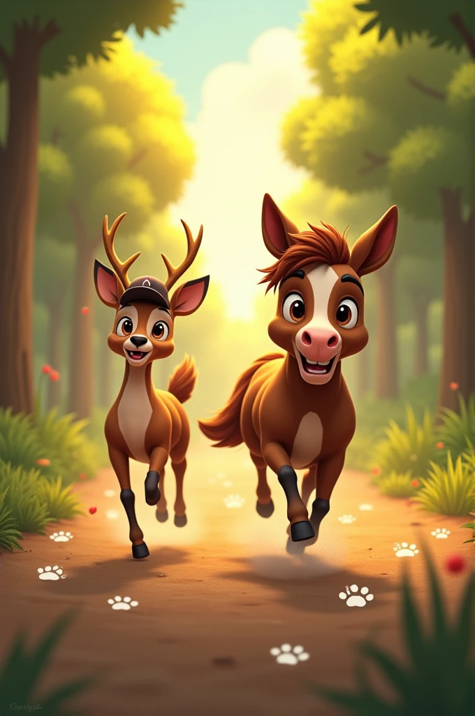 A playful and dynamic depiction of a race between a horse and a deer. The horse, flapping its ears, moves forward with a gleeful smile, leaving a trail of white bunny paws. The deer, by contrast, is moving steadily forward with determination, carrying a small cap on its back and leaving a trail of small, dark shell prints. The background is a lush, green forest with dusty dirt tracks, and the sun is setting, casting a warm golden glow over the scene.