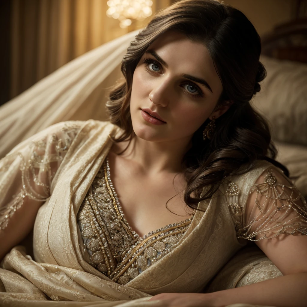 a beautiful detailed attire goddess of Katie McGrath, stunning eyes, perfect lips, delicate facial features, long eyelashes, elegant expression, flowing hair, less clothes, looking us, on a bed, intricate background, exquisite lighting, cinematic composition, ethereal mood, dreamlike atmosphere, vibrant colors, masterpiece, 8k, photorealistic