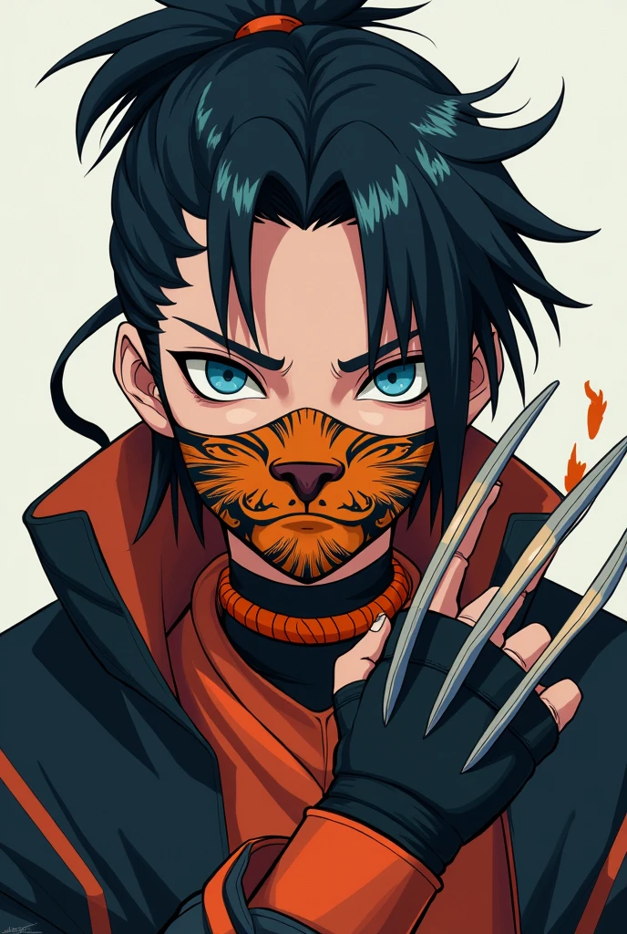 A boy from the Naruto universe with gloves like Wolverine&#39;s who has black hair and blue eyes, he has an orange necklace around his neck and a tiger mask over his mouth, care are părul prins și este adult