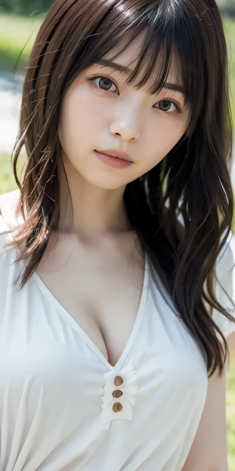 masterpiece、Highest quality, Ultra-high resolution、8k，photograph、1 person, (Skin dents), {{Large Breasts:1.8}}, bright, Blurred Background, (Asymmetrical bangs, very long wavy hair:1.5), （loose transparent blouse）、soft, drooping udder、I can see the cleavage、The upturned, narrow eyes are cute、sad、grassland、Spring Sky、Soft sunlight
