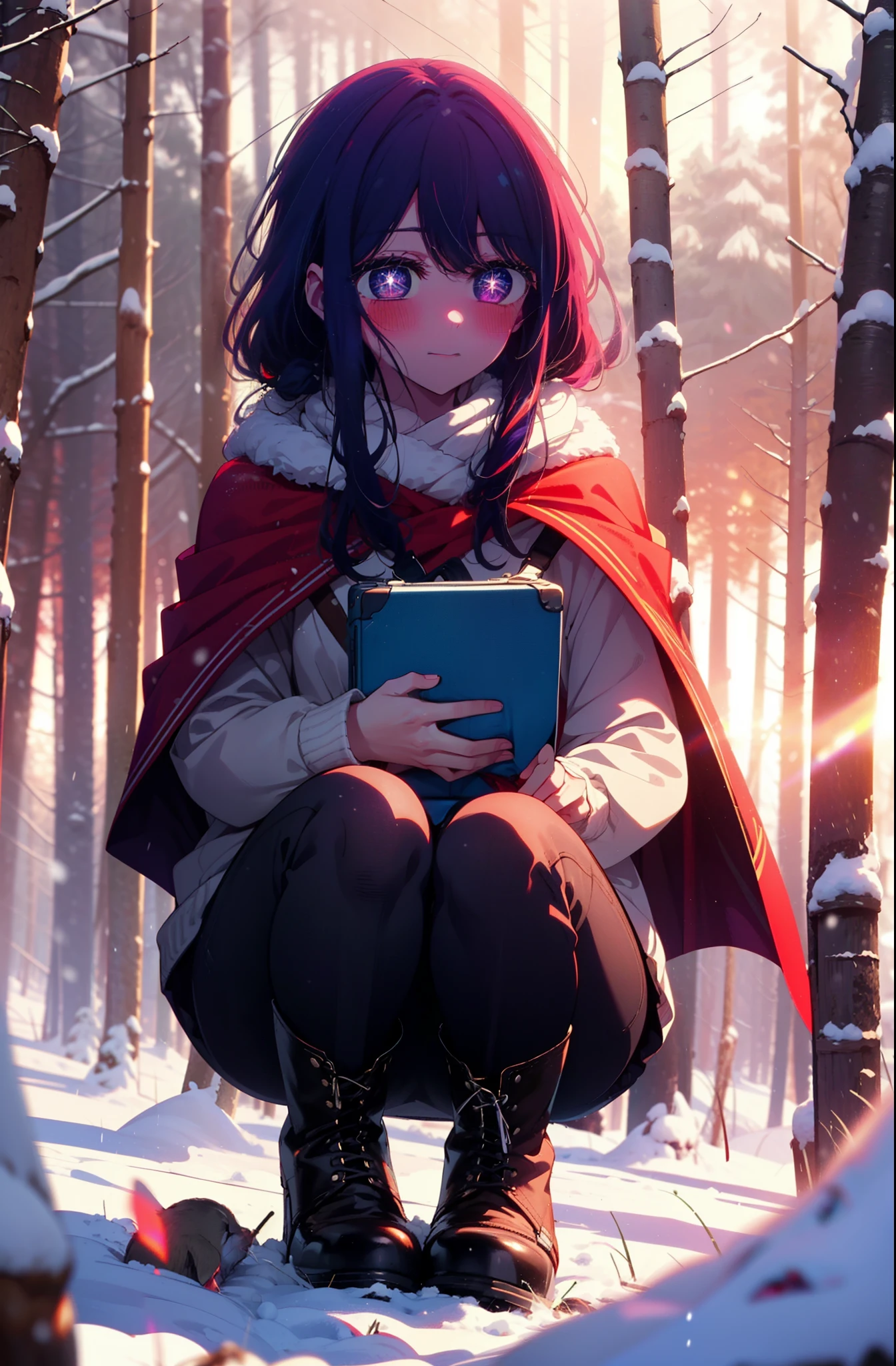 aihoshino, Ai Hoshino, Long Hair, bangs, (Purple eyes:1.1), Purple Hair, (Symbol-shaped pupil:1.5), smile,,smile,blush,white breath,
Open your mouth,snow,Ground bonfire, Outdoor, boots, snowing, From the side, wood, suitcase, Cape, Blurred, , forest, White handbag, nature, Squat, Mouth closed, Cape, winter, Written boundary depth, Black shoes, red Cape break looking at viewer, Upper Body, whole body, break Outdoor, forest, nature, break (masterpiece:1.2), Highest quality, High resolution, unity 8k wallpaper, (shape:0.8), (Beautiful and beautiful eyes:1.6), Highly detailed face, Perfect lighting, Extremely detailed CG, (Perfect hands, Perfect Anatomy),