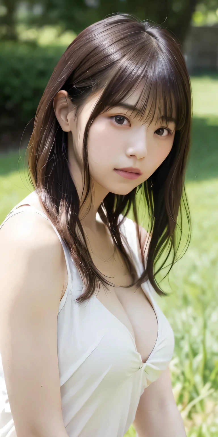 masterpiece、Highest quality, Ultra-high resolution、8k，photograph、1 person, (Skin dents), {{Large Breasts:1.8}}, bright, Blurred Background, (Asymmetrical bangs, very long wavy hair:1.5), （loose transparent blouse）、soft, drooping udder、I can see the cleavage、The upturned, narrow eyes are cute、sad、grassland、Spring Sky、Soft sunlight
