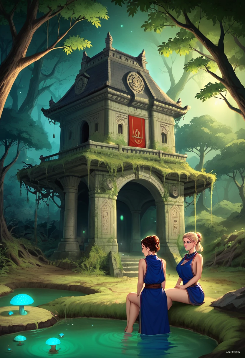 A cinematic medium shot of three teenagers - two girls and a boy - dressed in blue tabards, exploring a swamp at night near an ancient temple. The background is filled with intricate details, including moss-covered stones, twisted trees, and eerie mushrooms. The lighting is cinematic, with rim light backlighting and beautiful faces with piercing eyes.