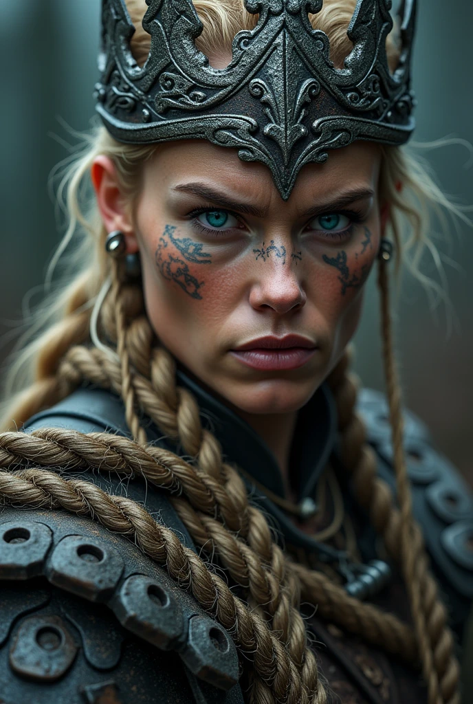 (masterpiece, high resolution, photo-realistic:1.4), (blonde-haired Viking warrior:1.3), (fierce green eyes shining brightly:1.3), (covered in mud and dust from the battlefield:1.2), (confronting the enemy:1.2), (bloodstains on her face and body:1.2), (mesmerizing green eye stands out amidst the chaos:1.2), (clad in battle-worn armor and shield:1.2), (beautifully braided blonde hair:1.2), (resolute and unwavering expression:1.2), (perfectly sculpted and slender physique:1.3), (battlefield strewn with fallen foes:1.2), (scattered weapons and debris:1.1), (thick fog and smoke from clashes:1.1), (sunlight piercing through the haze:1.2), (intense and heart-pounding atmosphere:1.2), (embodying the spirit of a valiant Viking:1.1), Cinematic, Hyper-detailed, insane details, beautifully color graded, Super-Resolution, Megapixel, Cinematic Lightning, Post Processing, Post Production, Tone Mapping Insanely detailed and intricate, Hyper maximalist, Volumetric, Photorealistic, ultra photoreal, ultra-detailed, intricate details, 8K, Super detailed, Full color, Volumetric lightning, HDR, Sharp focus