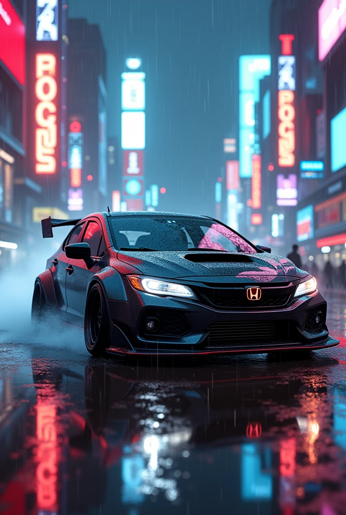 Honda City 2009 model lowed and spoiler in rain in cyberpunk neon city