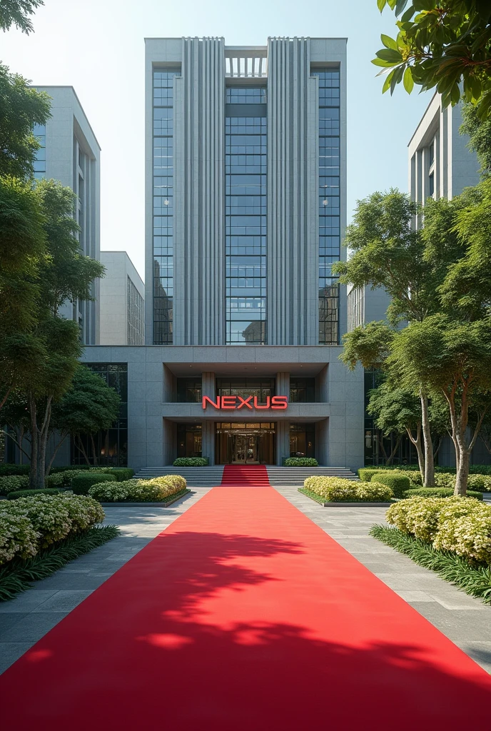 An image of a Corporate embassy put the words Nexus Global Embassy I want it to have the words Nexus Global Embassy on a concrete.The building has its own compound that is extremely developed with grass, trees and flowers Singaporean architecture expose the words Nexus Embassy with red carpets covering the whole entrance