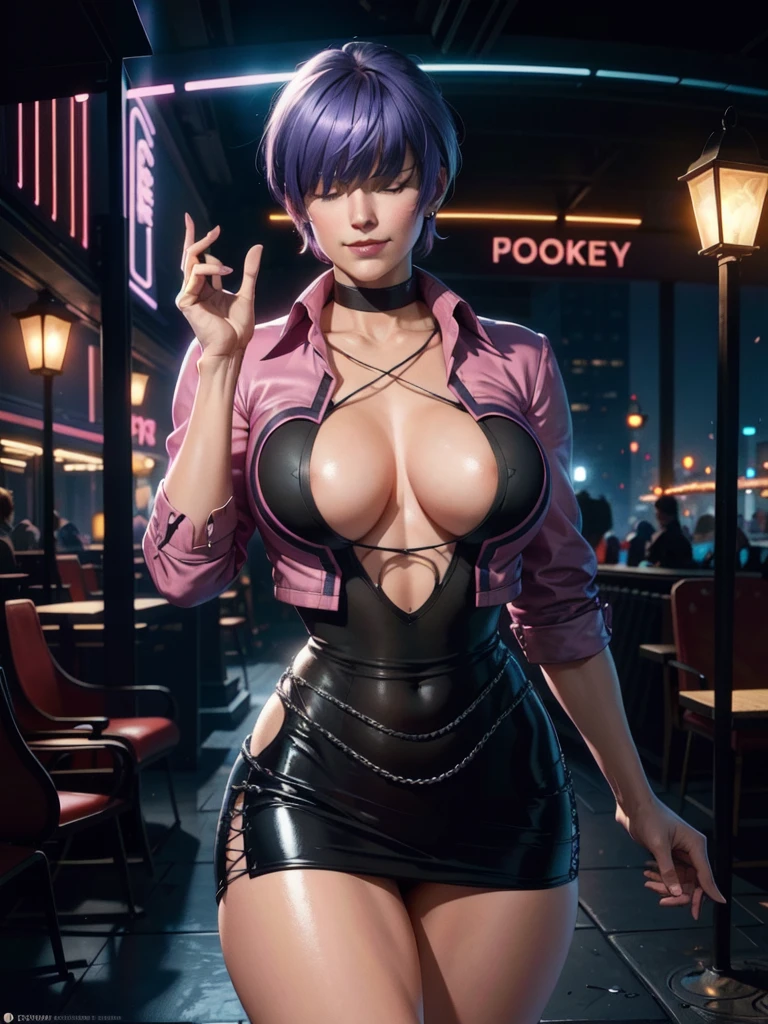 (evening), en una escena de videojuego con un fondo de neón y una light de neón,
Standing at attention,
pink suit, pink jacket, choker, neckline, clothes cutting,
earrings,
purple hair, bangs that cover the eyes ((hair over eyes)),
1 girl, 20 years, young woman, beautiful finger, beautiful long legs, beautiful body, beautiful nose, beautiful character design, perfect face,
looking at the viewer (focusing on his face), Closed mouth, light_smile,
official art, Extremely detailed CG unity 8k wallpaper, perfect lighting, showy, bright front lighting, shiny skin,
(masterpiece: 1.0), (better_quality: 1.0), ultra-High resolution, 4k, ultra detailed,
Photography, 8k, HdR, High resolution, absurdities:1.2, Kodak photo 400, film grain, blurred background, bokeh:1.2, Lens flare, (Vibrant_Color:1.2), professional Photography,
(beautiful, big_old:1.4), (beautiful_face:1.5), (narrow_waist),
